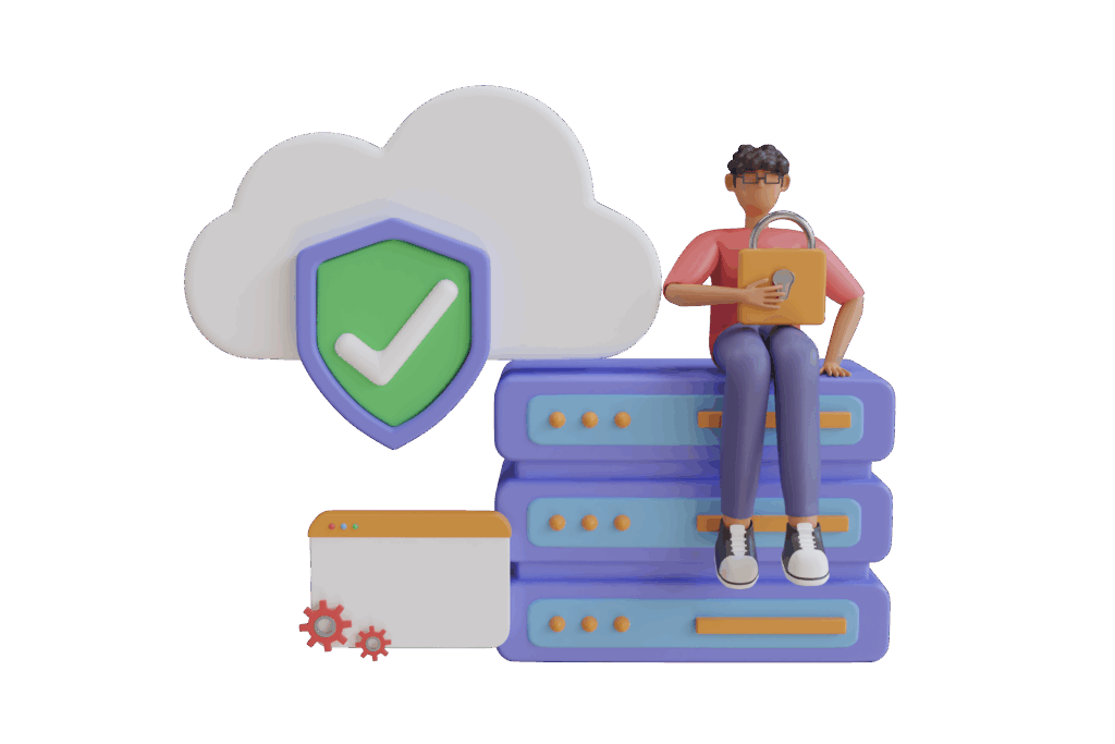 Cloud Security Solutions a cartoon character sitting on a server