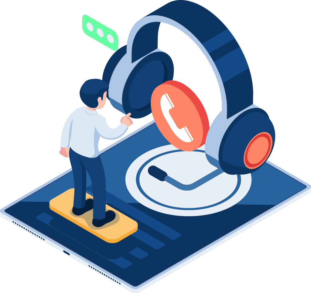 Inbound & Outbound Support​ man standing on a tablet with headphones