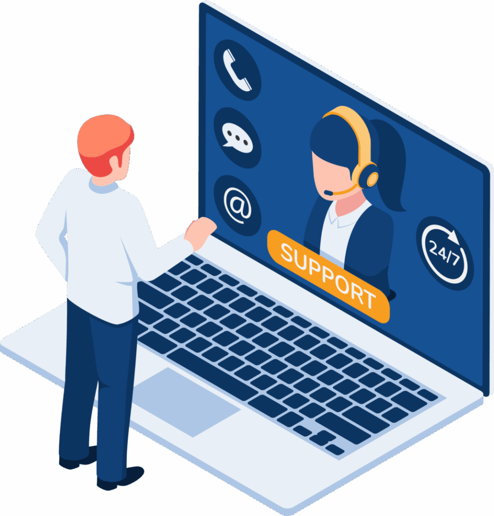 customer support services shows a man standing in front of a laptop