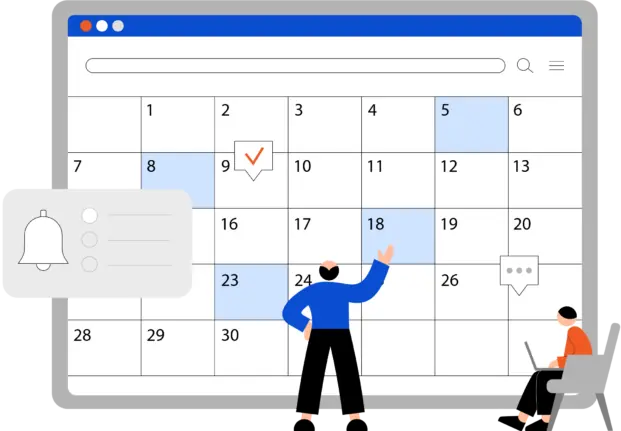 a man and woman standing in front of a calendar